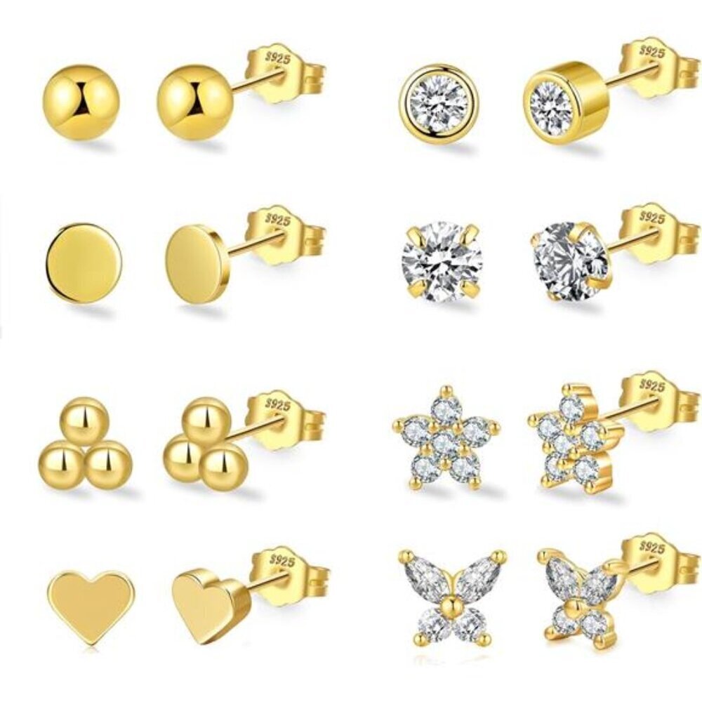 8-Pair Gold Stud Earring Set – Hearts, CZ, Balls Hypoallergenic Cubic Zirconia